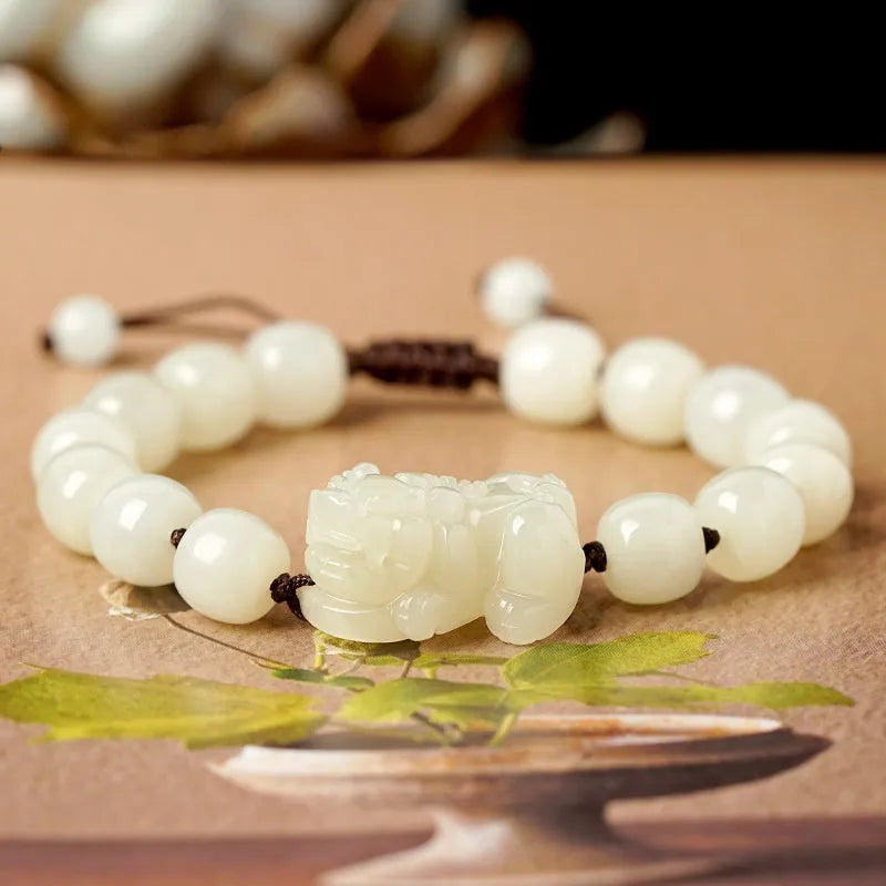 Traditional Chinese Hetian jade bracelet with black and red adjustable ropes and jade beads