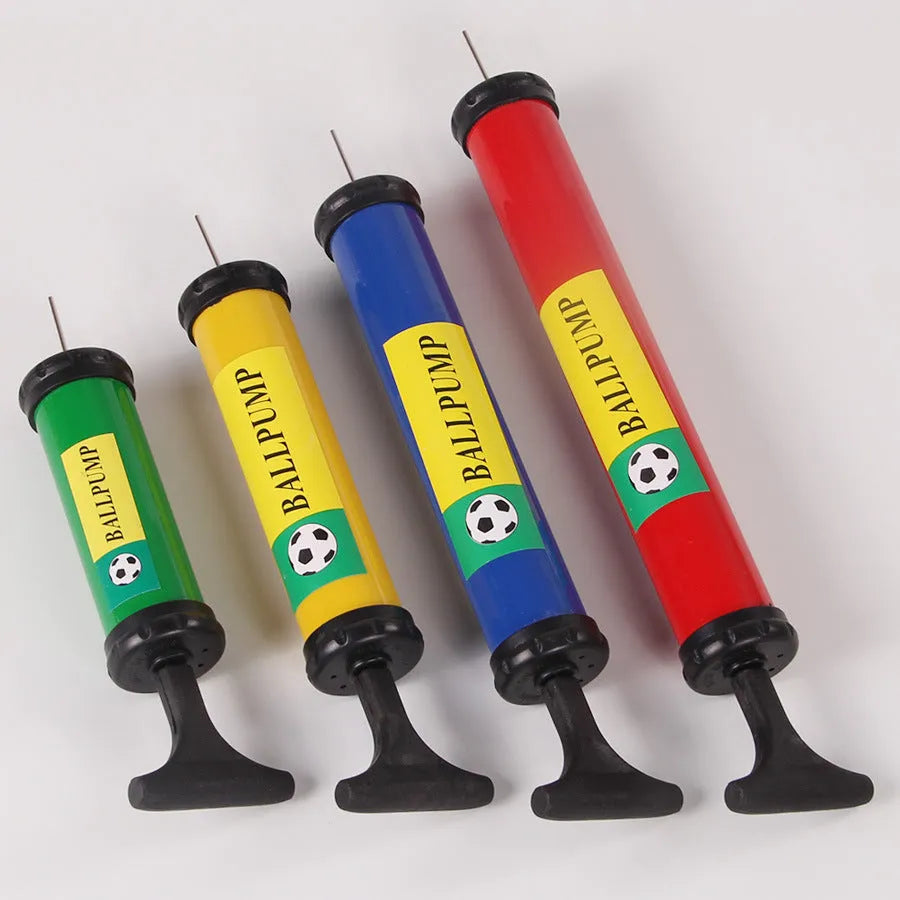 Manual plastic pump for inflating sports balls and balloons, shown in mixed colours with length options from 20-32cm