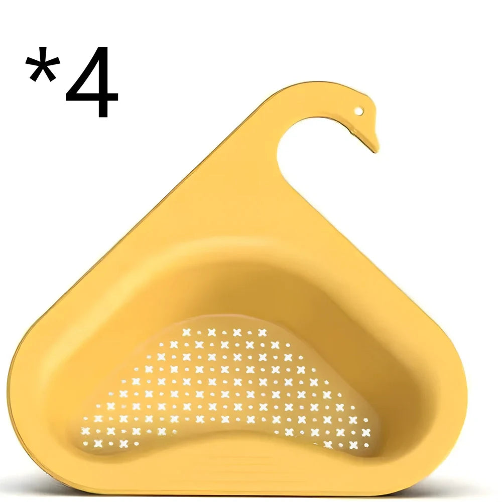 Yellow swan-shaped plastic kitchen drainer basket with drainage holes on kitchen counter