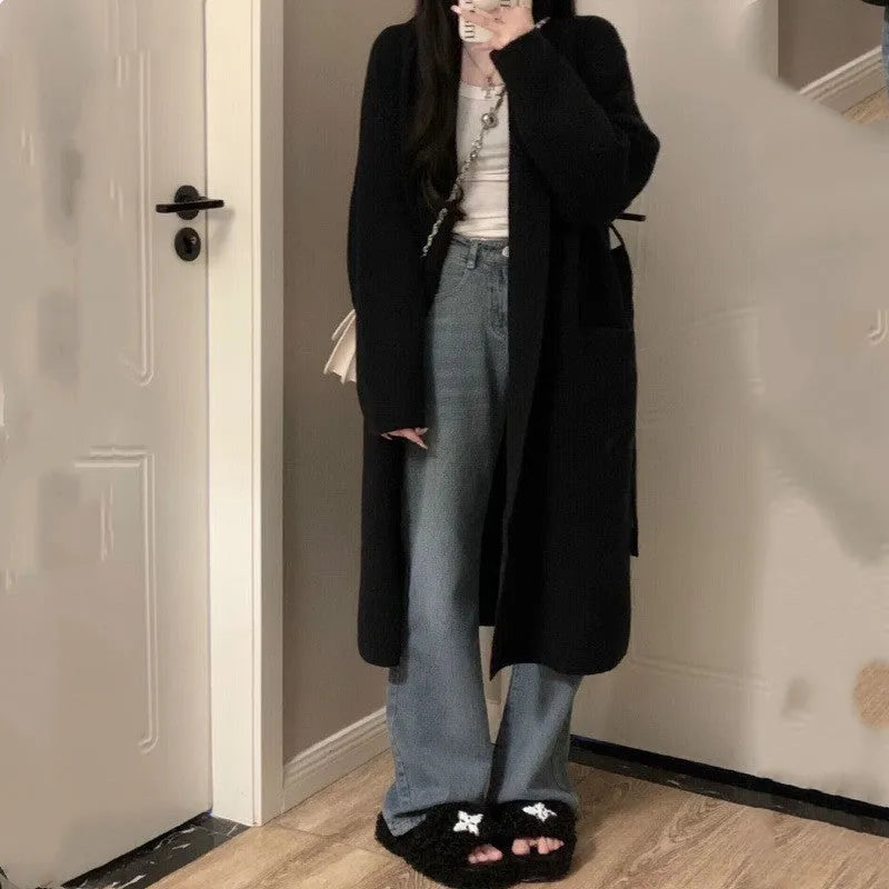Women's loose large knitted cardigan in chenille fabric with 3D pattern, long sleeves, 65cm length