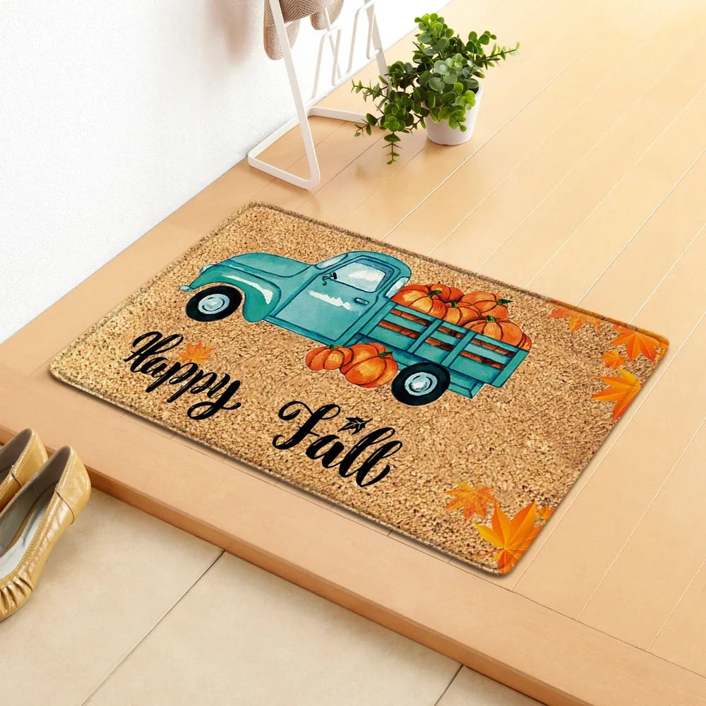 Thanksgiving pumpkin doormat measuring 40x60cm with autumn leaf design in polyester construction