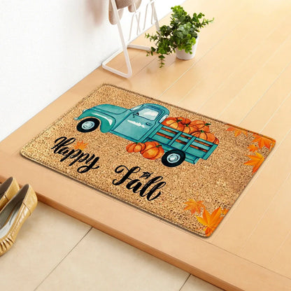 Thanksgiving pumpkin doormat measuring 40x60cm with autumn leaf design in polyester construction