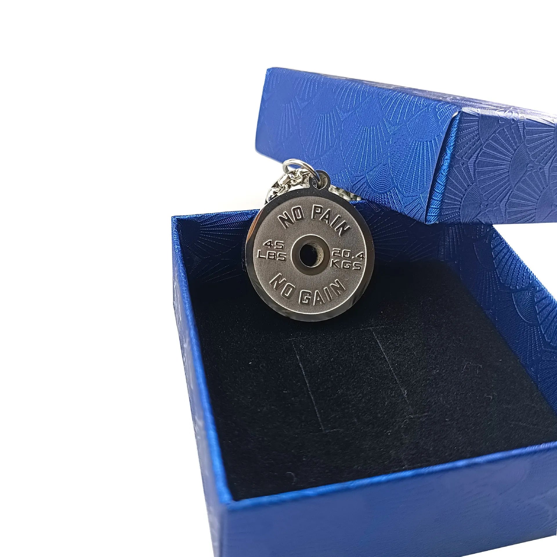 Stainless steel barbell disk geometric pendant necklace with polished finish and chain options