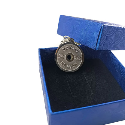 Stainless steel barbell disk geometric pendant necklace with polished finish and chain options