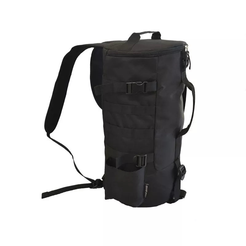 Black cylindrical fishing backpack with 36-55L capacity, lightweight and durable for outdoor use
