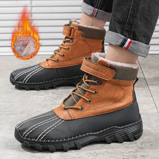 Warm lace-up winter snow boots with fleece lining, waterproof and anti-slip rubber soles, and stylish velvet or single-color options