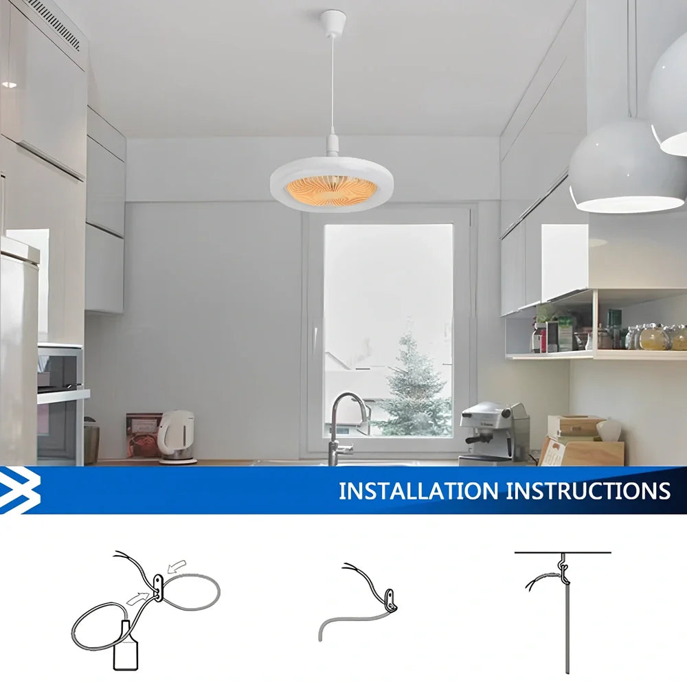 26cm round white ceiling fan with plastic blades and integrated LED light, remote control