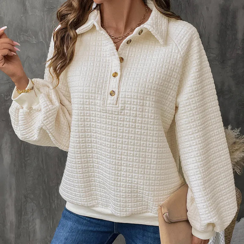 Women's texture polo collar solid colour thickened sweater in Milky White, showing long sleeves and pullover design