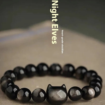 Obsidian cat head bracelet with round beads and feline charm in gold or silver style options