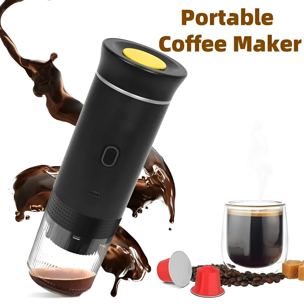 Portable 3-in-1 espresso machine in black showing ground coffee and capsule compartments with USB cable