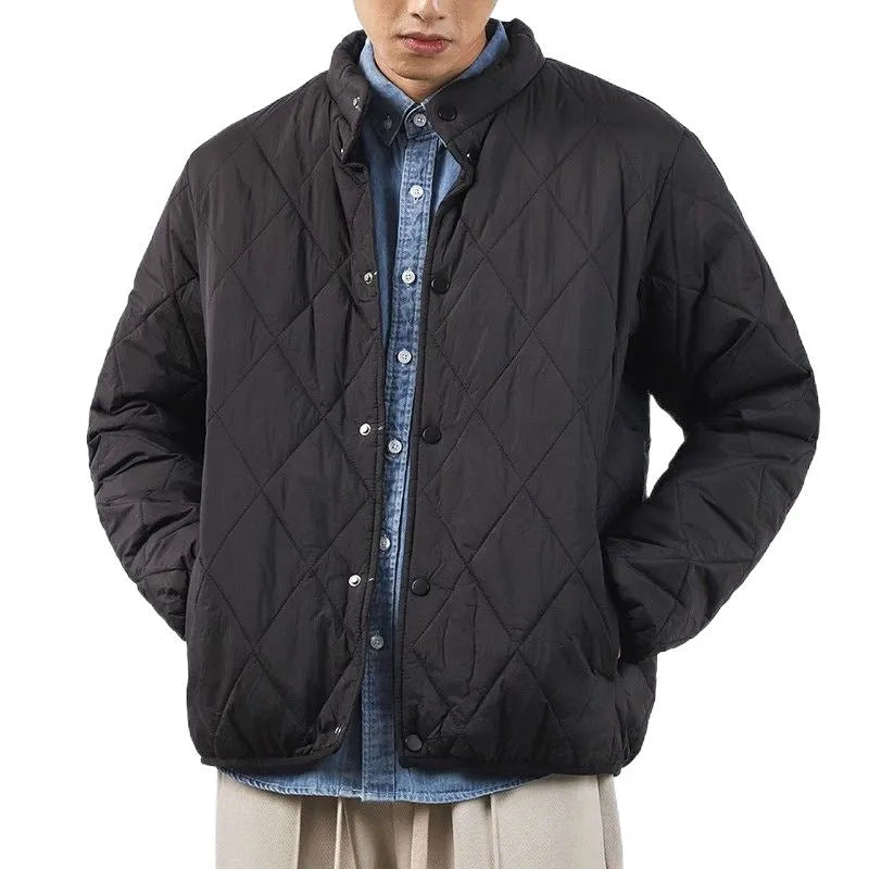 Men's black winter padded jacket with diamond lattice quilting and lengthened 100cm cut