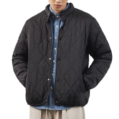 Men's black winter padded jacket with diamond lattice quilting and lengthened 100cm cut