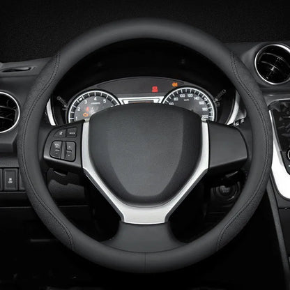 Black two-tone Napa leather steering wheel cover with 38cm diameter for Suzuki vehicles
