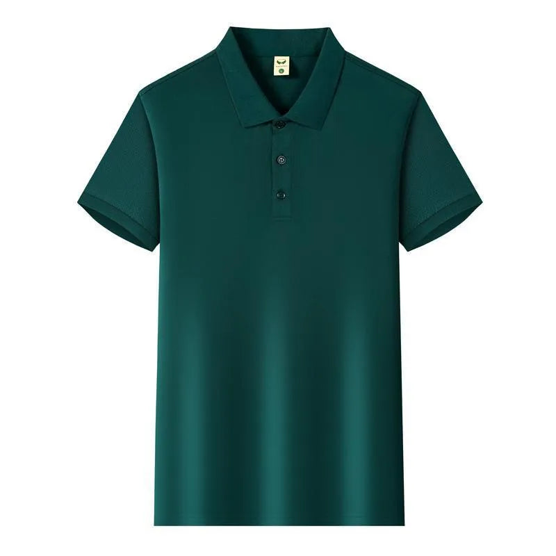 Man's short sleeve Ice Silk lapel business shirt shown in multiple colours including black, navy, and light blue.