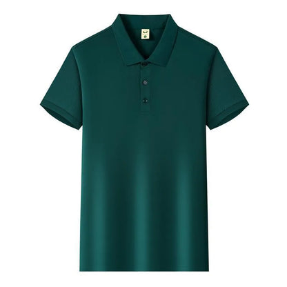 Man's short sleeve Ice Silk lapel business shirt shown in multiple colours including black, navy, and light blue.