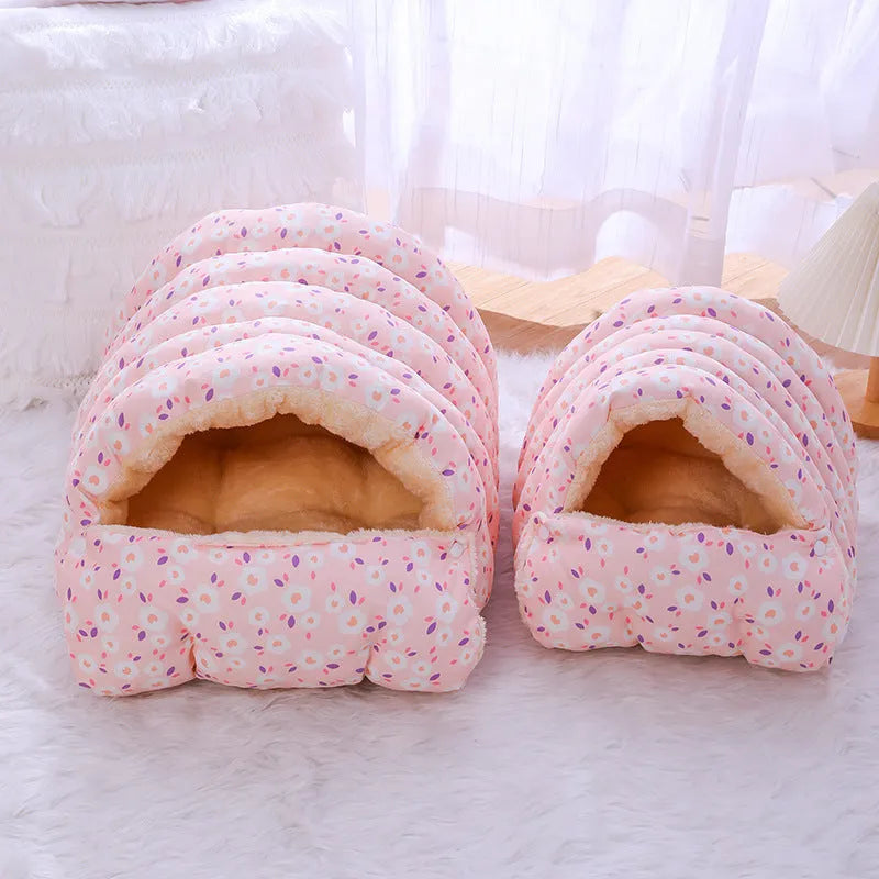 Closed winter cat nest with floral pattern, showing removable design and soft cloth fabric.