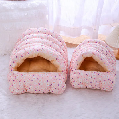 Closed winter cat nest with floral pattern, showing removable design and soft cloth fabric.