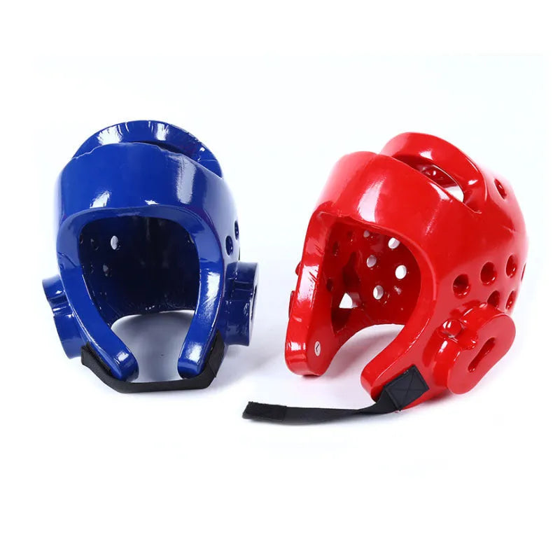 Red and blue karate protective gear set showing helmet, boxing gloves, and leg guard.