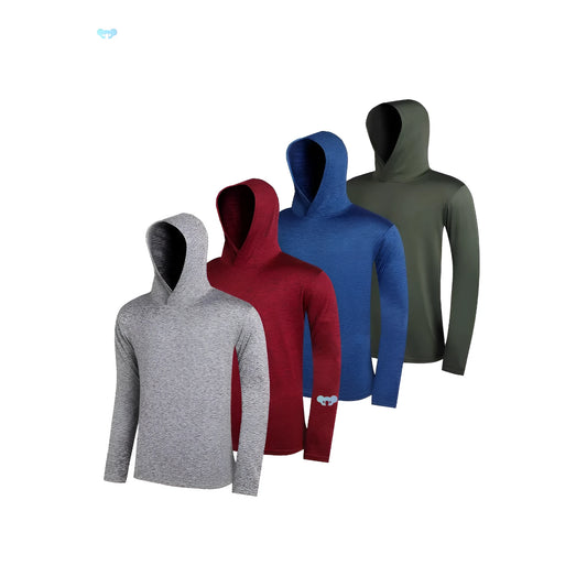 Set of four grey men's lightweight polyester hoodies folded, showing hooded and non-hooded styles.