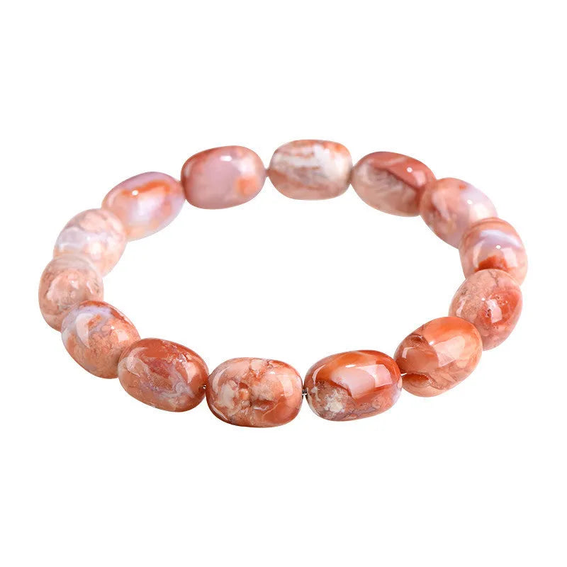 Natural cherry agate barrel bead bracelet with 10x14mm geometry design and Ruyi elements on wrist