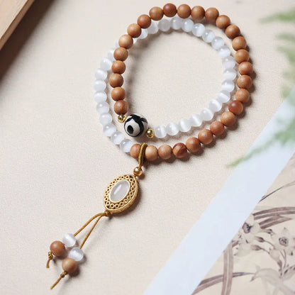 Sandalwood and opal Tibetan beads bracelet with double ring design in retro style