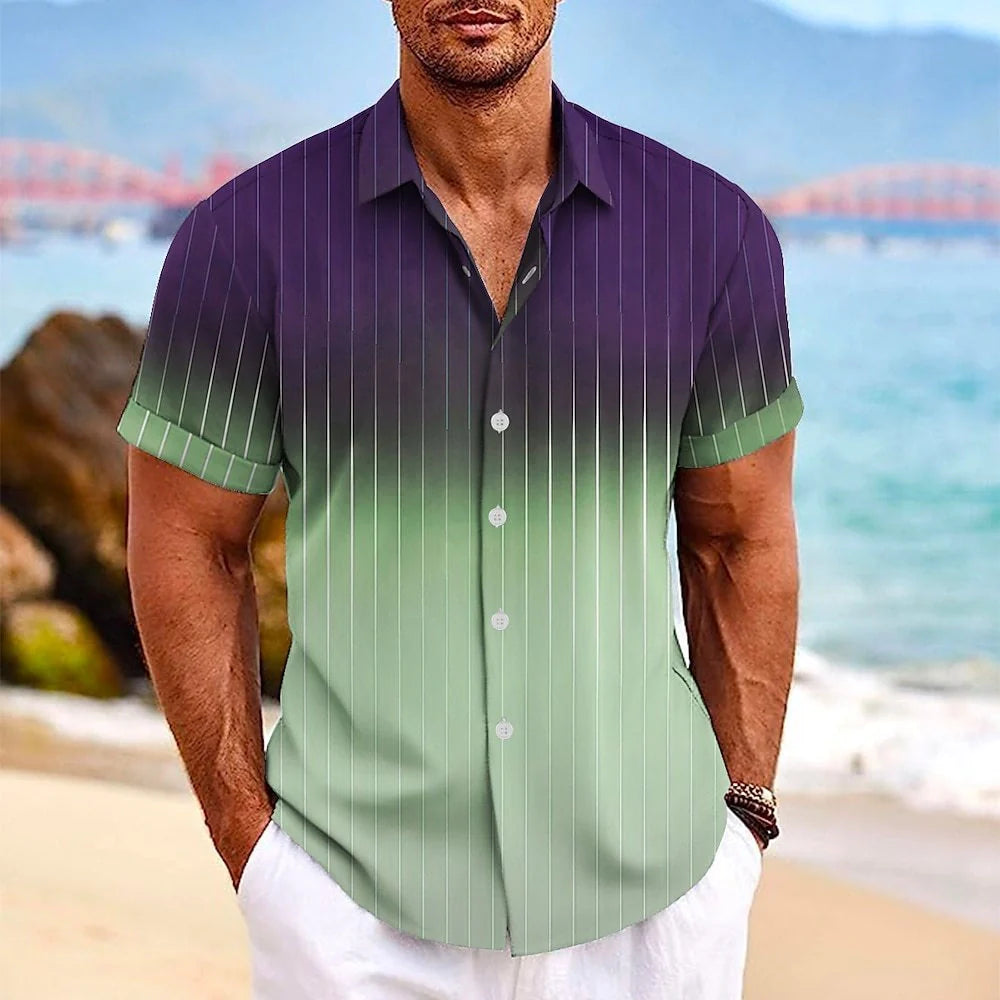 Men's gradient striped short-sleeved shirt with lapel button detail
