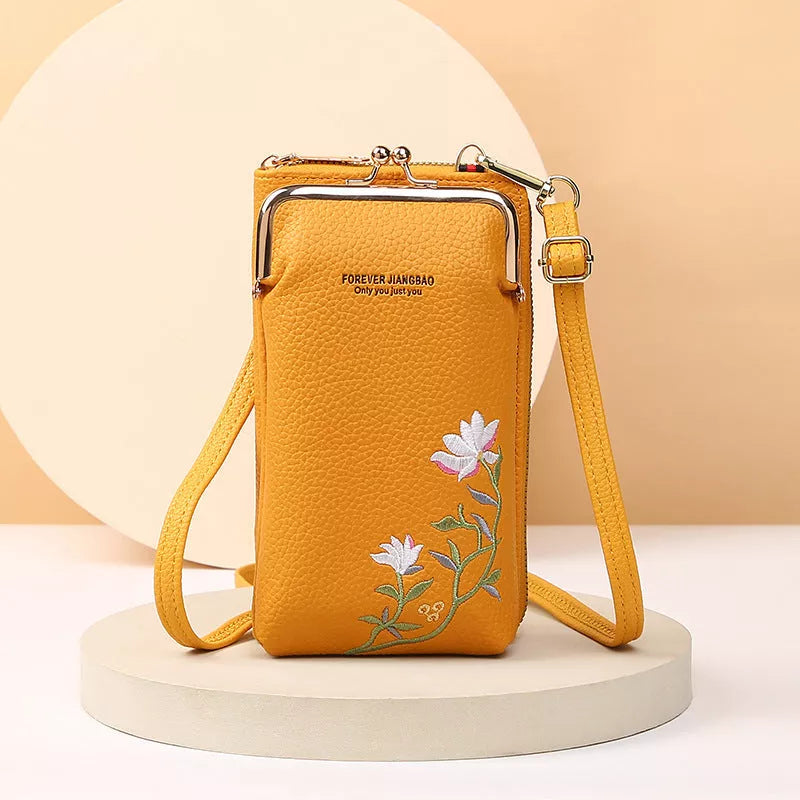 Flower embroidery phone bag with lock buckle in multiple colors