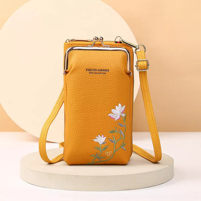 Flower embroidery phone bag with lock buckle in multiple colors