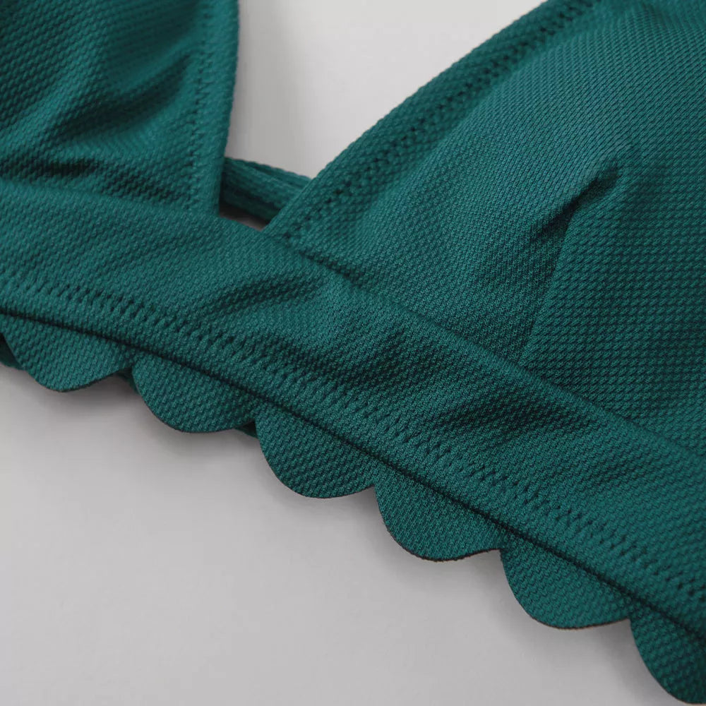 Green floral scalloped bikini set for women with unique design and durable fabric