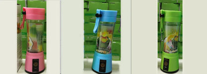 Portable USB rechargeable blender with pink colour option showing cup and six-blade design