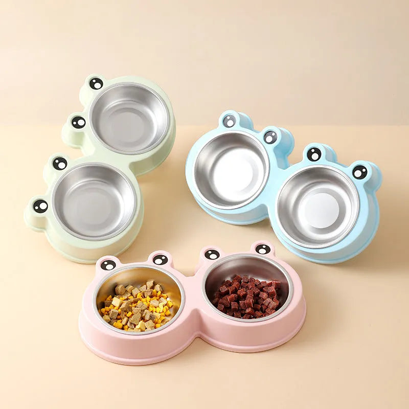 Stainless steel double pet bowl set with frog dish in blue, green, or pink.