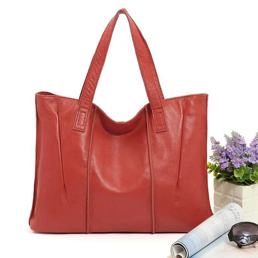 Top grain leather single shoulder tote bag in apricot with stitching and patchwork, soft genuine leather, women's daily wear bag.