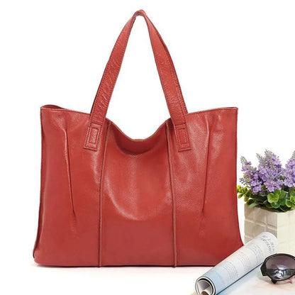 Top grain leather single shoulder tote bag in apricot with stitching and patchwork, soft genuine leather, women's daily wear bag.