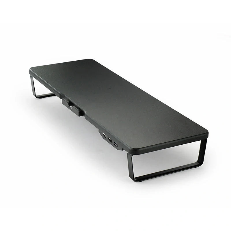 Ergonomic monitor riser with USB ports and phone holder in black, dark wood, light wood, and white