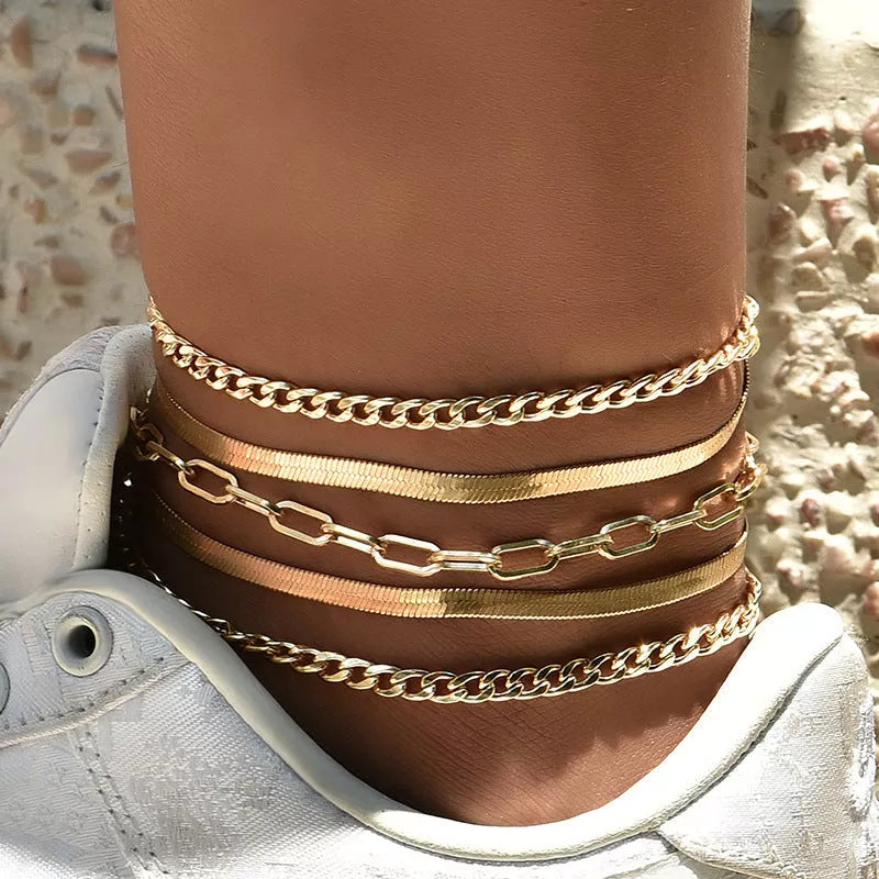Women's fashion multi-layer metal chain anklet set in gold and silver