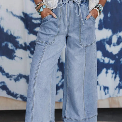 Beau Blue wide leg denim trousers with drawstring waist detail and raw hem finish
