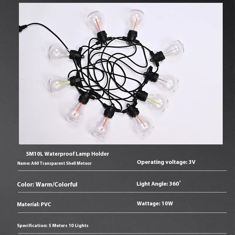 Outdoor waterproof decorative string lights with 10 transparent meteor bulbs on 5 metre cable