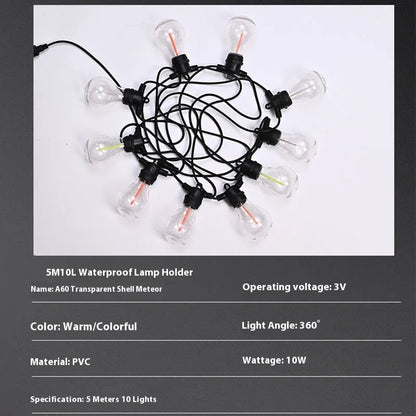 Outdoor waterproof decorative string lights with 10 transparent meteor bulbs on 5 metre cable
