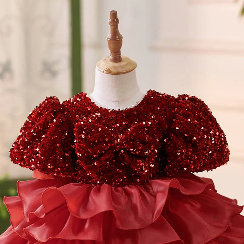 Wine red polyester princess dress for girls' birthday celebrations with height options from 80cm to 160cm