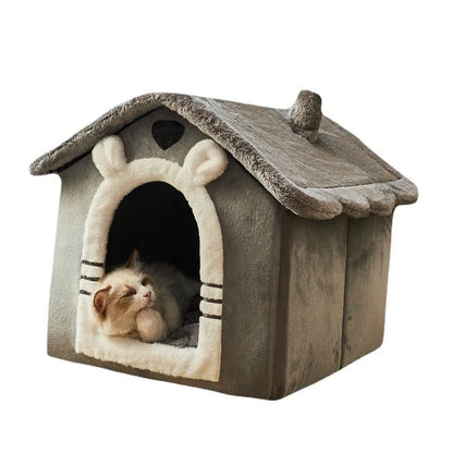 Removable washable plush pet bed house for cats and small dogs, closed yurt shape, available in brown, yellow, grey, blue and pink
