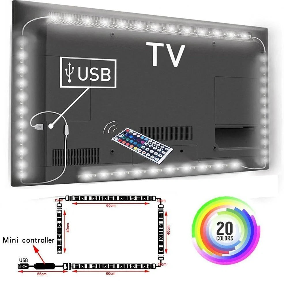 5 metre colour changing LED strip with remote control showing multiple colour options