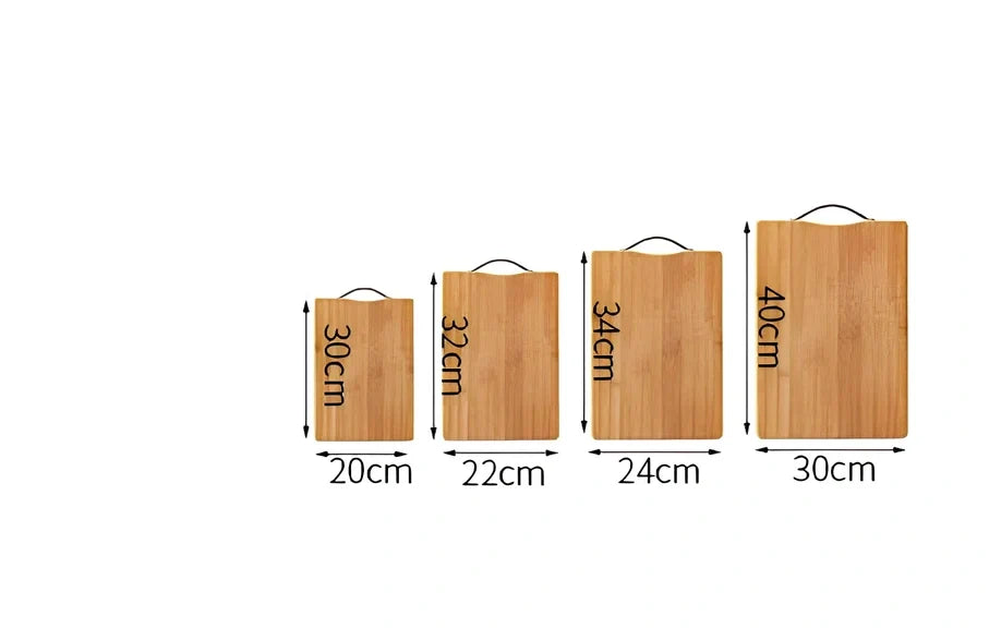 Bamboo cutting board with curved handle showing natural wood grain, rectangular shape with four size options
