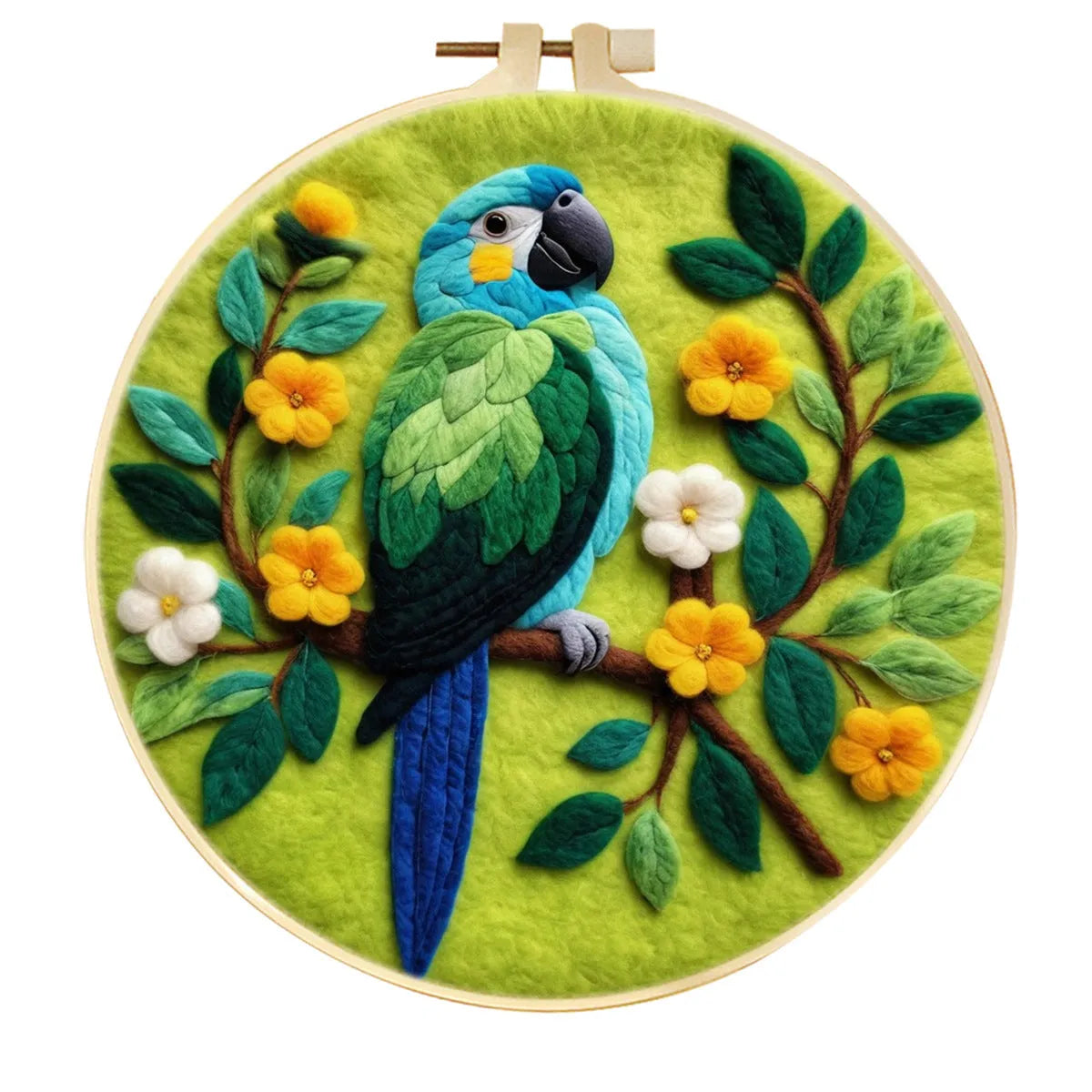 Round fabric embroidery kit with 20x20cm linen frame and wool felt for three-dimensional floral artwork