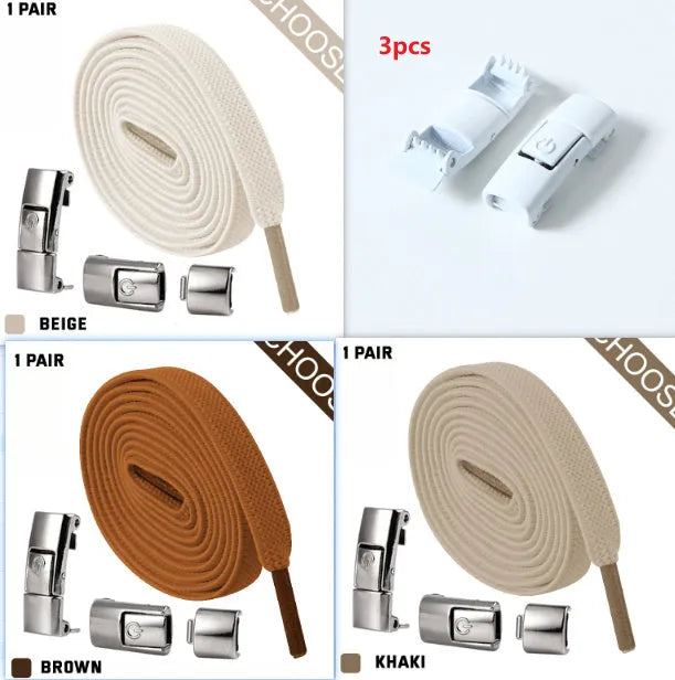 A pair of black widened flat elastic shoelaces with a silver press lock buckle on a white background.