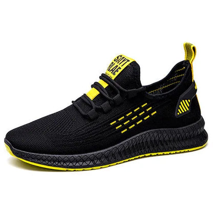 Men's black casual sports shoes with cross-strap detail on a Flying Weave upper and a flat, wear-resistant sole.