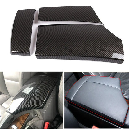 Set of three black ABS plastic armrest box covers with a shiny carbon fibre weave pattern.