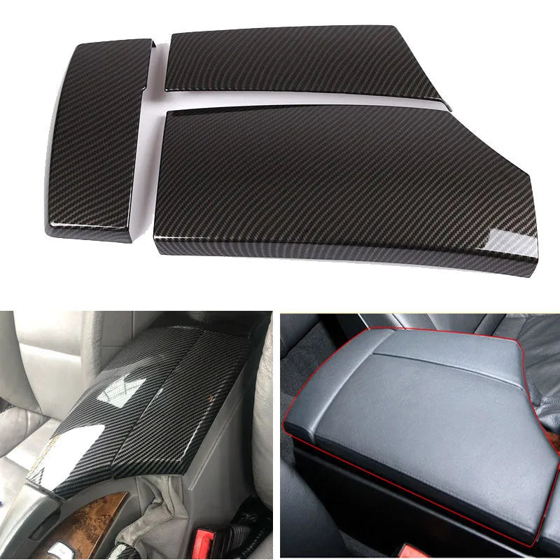 Armrest box protective cover set made from ABS plastic with a carbon fibre diagonal weave pattern, includes three pieces each measuring 33.5 cm long by 16 cm wide by 3.5 cm tall, designed for a buckled installation over original console armrests.