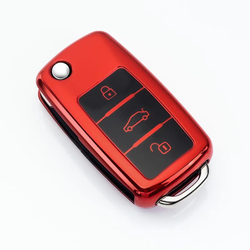 TPU car key bag in gem blue with folding design for three keys, showing single-shell construction