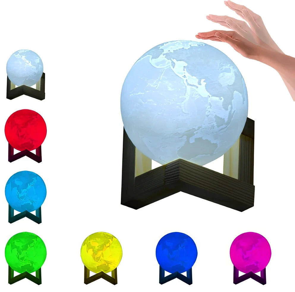 3D printed Earth and Jupiter lamps with touch control and solid wood bases in various sizes from 8cm to 22cm