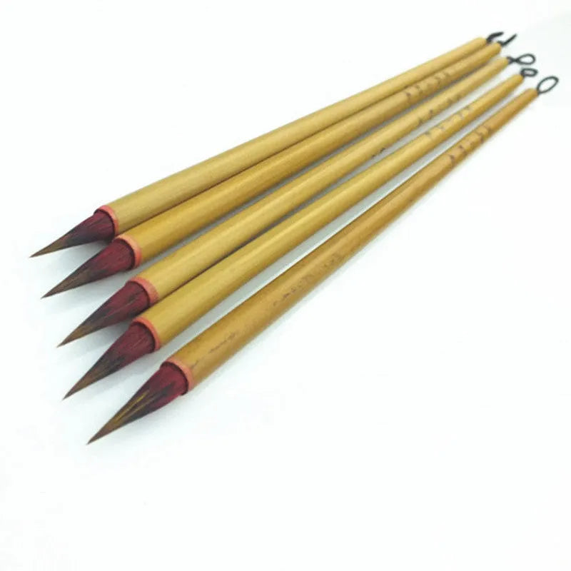 Red Chinese calligraphy brush with a 1.6cm long brush head and a 23cm wooden penholder.